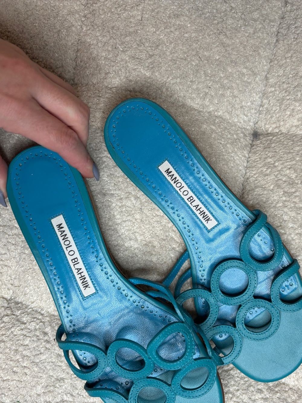 Vintage Manolo Blahnik Y2K Geometric Leather Sandals Size 37 Bright Blue - Picture 3 of 6